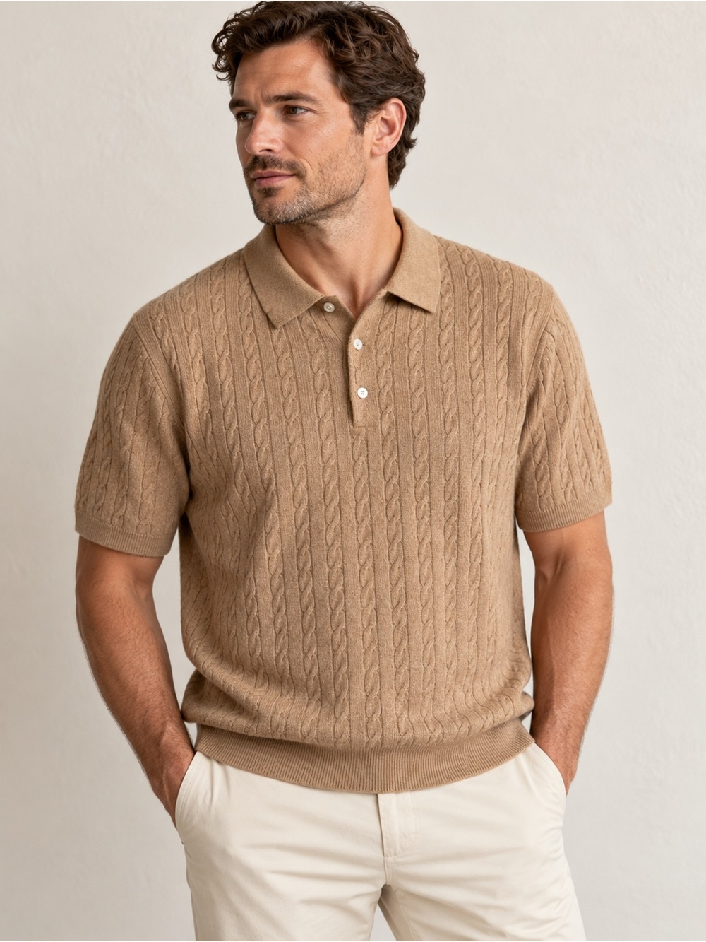 JCrew Short-sleeve cashmere cable-knit sweater-polo XL NWT Tan Brown Old Money